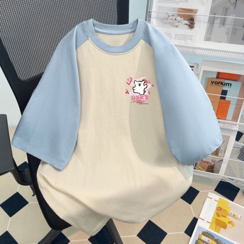 Girls Short-Sleeved T-Shirt Summer Kidsren'S Slim Short Contrasting Color Stitching Letter Print Top Versatile - Image 1