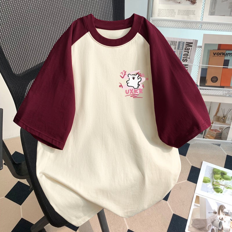 Girls Short-Sleeved T-Shirt Summer Kidsren'S Slim Short Contrasting Color Stitching Letter Print Top Versatile - Image 4