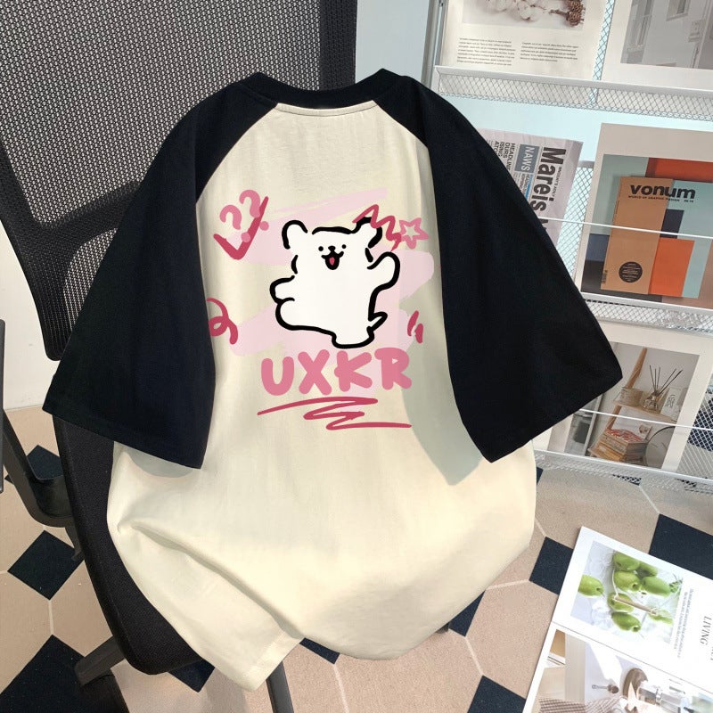 Girls Short-Sleeved T-Shirt Summer Kidsren'S Slim Short Contrasting Color Stitching Letter Print Top Versatile - Image 2