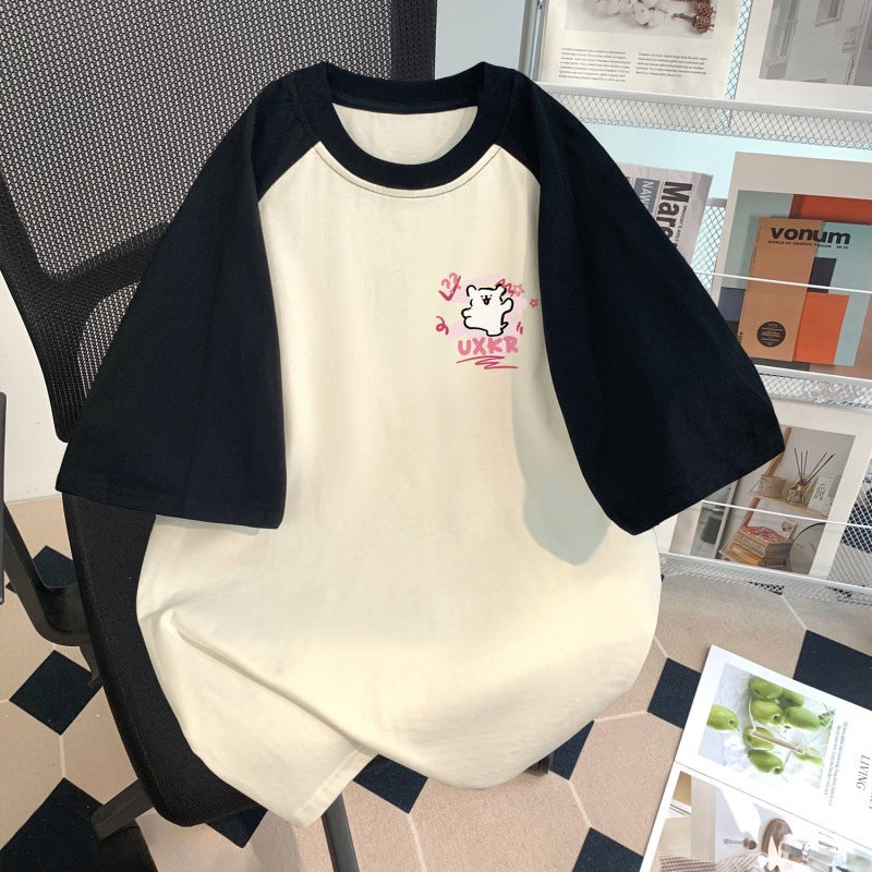 Girls Short-Sleeved T-Shirt Summer Kidsren'S Slim Short Contrasting Color Stitching Letter Print Top Versatile - Image 3