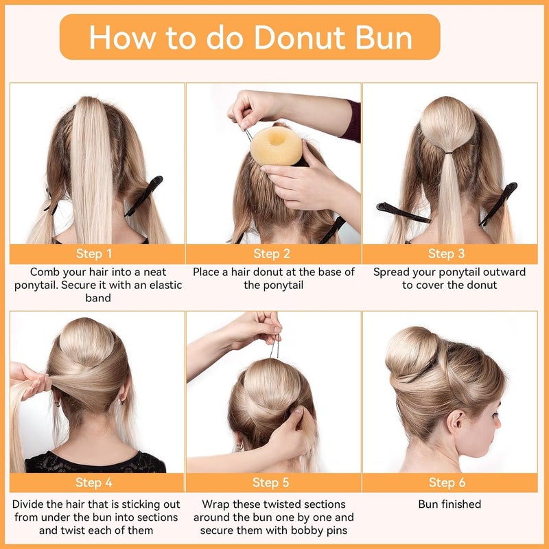 YaFex Hair Bun Maker Set, 3 Pieces (Small, Medium, Large), 6 Hair Elastics, 1 Bag Hairpins, Blonde, Nylon - Image 2