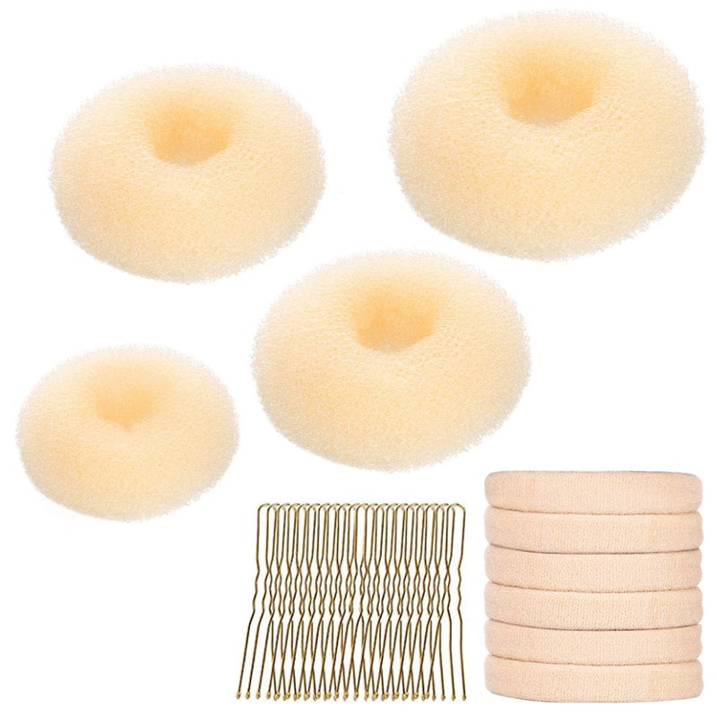 YaFex Hair Bun Maker Set, 3 Pieces (Small, Medium, Large), 6 Hair Elastics, 1 Bag Hairpins, Blonde, Nylon - Image 1