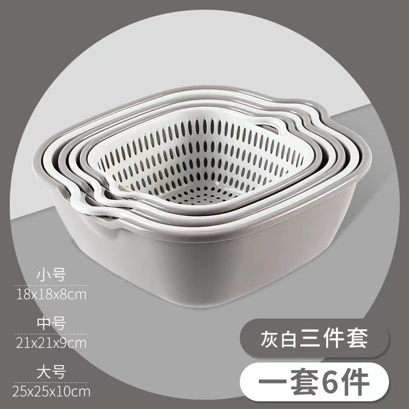 Thickened Double-Layer Draining Basket Set for Kitchen Grey 6-piece set [large + medium + small]] 
