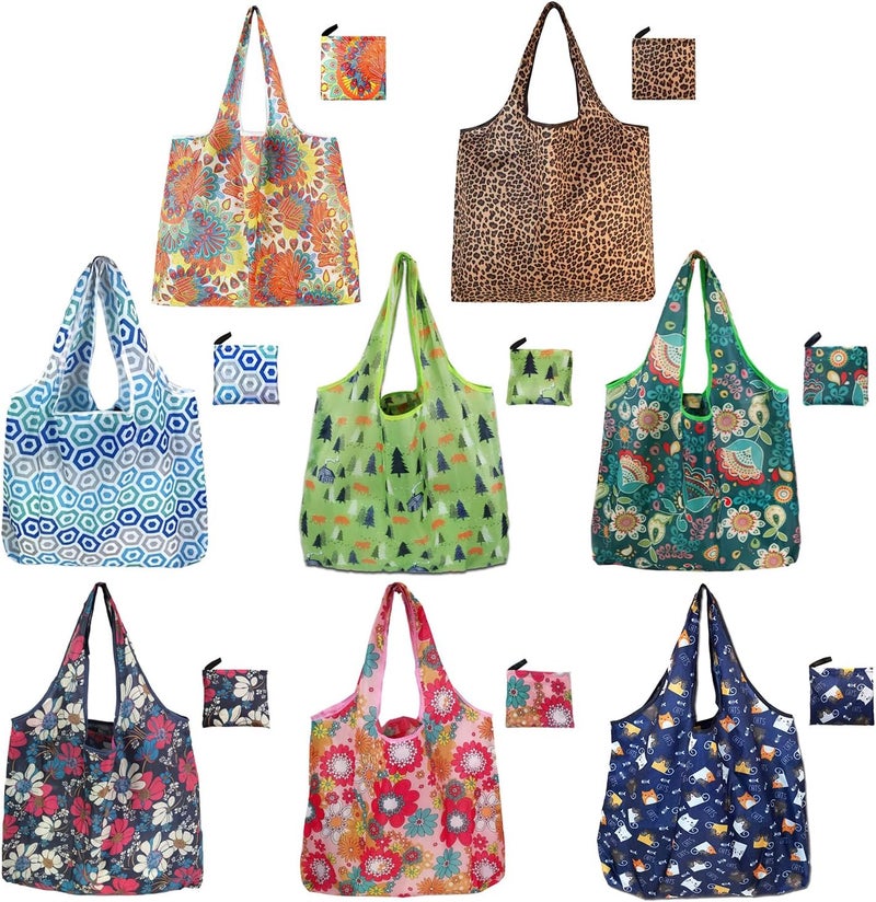 JIANFA Foldable Reusable Shopping Bags 8Pack, Stylish Foldable Shopping Totes With Handles, Practical Use Ideal For Storage, Travel & Beach - Image 1
