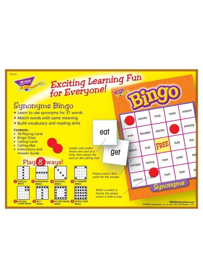 Trend Enterprises - : Synonyms Bingo Game Exciting Way For Everyone To Learn Play 8 Different Ways Perfect For Classrooms And At Home 2 To 36 Players For Ages 10 And Up - Image 1
