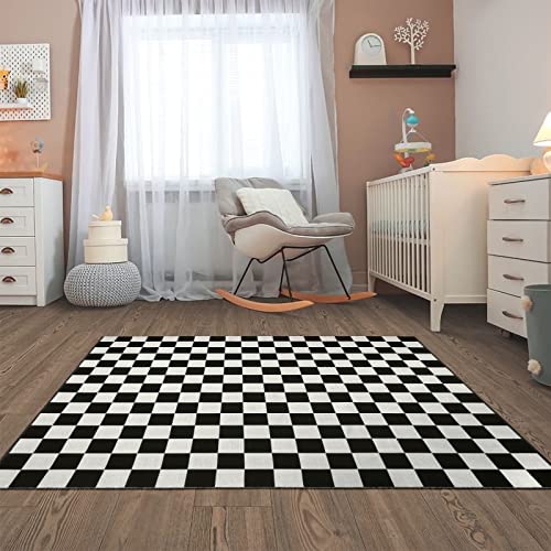 Seavish Checkered Rug, 5x6.5 Ft Black and White Outdoor Rug, Farmhouse Checkerboard Washable Rugs, Low Pile Cotton Woven Area Rugs for Living Room Bedroom Dining Room Entryway Office - Image 2