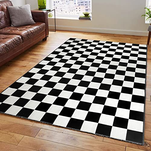 Seavish Checkered Rug, 5x6.5 Ft Black and White Outdoor Rug, Farmhouse Checkerboard Washable Rugs, Low Pile Cotton Woven Area Rugs for Living Room Bedroom Dining Room Entryway Office - Image 1