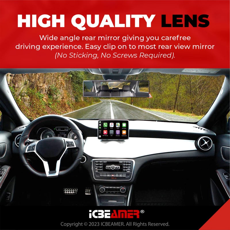 ICBEAMER 10.6" ICBEAMER Clip On Rear View Mirror | Convex Clear Tint, Panoramic Wide Angle HD Glass, Anti Glare, Universal Fit for Car, SUV, Truck | Eliminates Blind Spots (1 Pack) - Image 3