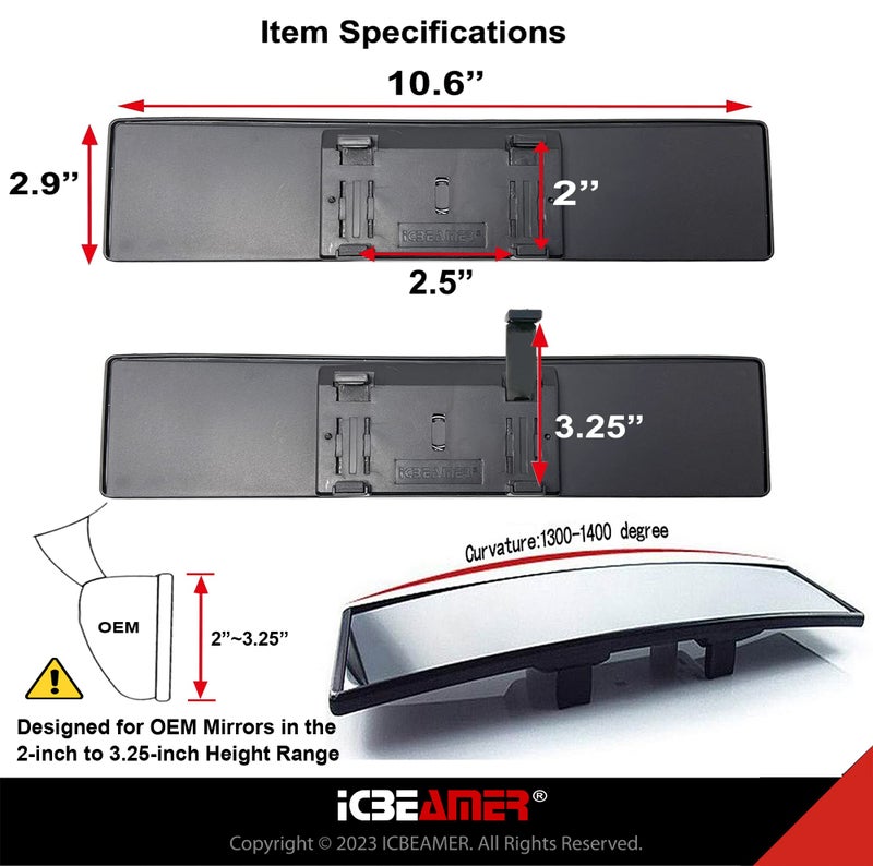 ICBEAMER 10.6" ICBEAMER Clip On Rear View Mirror | Convex Clear Tint, Panoramic Wide Angle HD Glass, Anti Glare, Universal Fit for Car, SUV, Truck | Eliminates Blind Spots (1 Pack) - Image 5