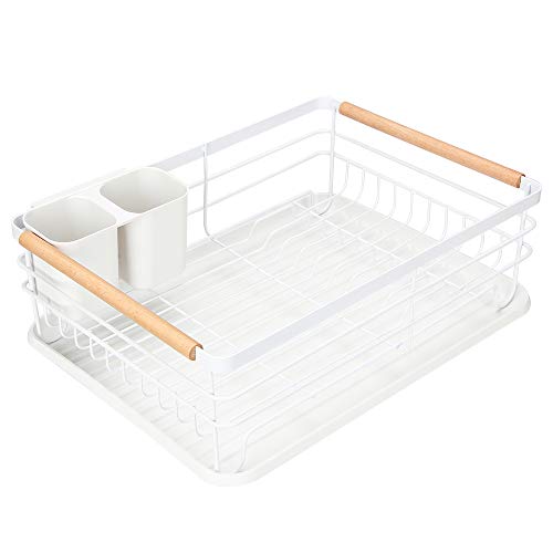 Attom Tech Home Modern Wood Handle Dish Rack and Drain Board 165 x 12 x 55 Kitchen Plate Cup Dish Drying Rack Tray Cutlery Dish Drainer