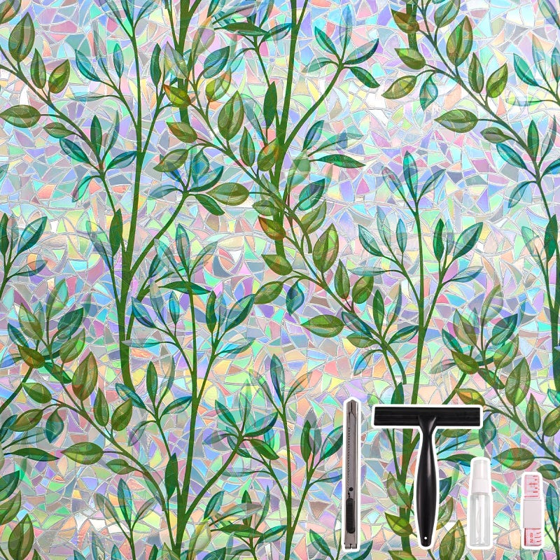 LEMON CLOUD Window Privacy Film Static Clings Decorative Leaf Rainbow Window Sticker Non-Adhesive Decals for Glass with Tools,17.5 x 78.7 Inch - Image 1