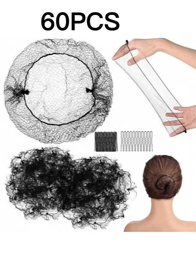 Set of 60 Piece Invisible Elastic Hair Nets And Clips For Making Ballerina Hair Buns, Dance, Work Use (10PCS Invisible Mesh Hair Nets 70cm + 50PCS U-Shaped Hair Pins 7cm） - Image 2