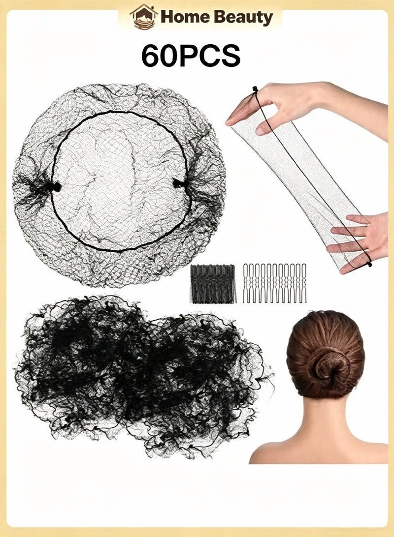 Set of 60 Piece Invisible Elastic Hair Nets And Clips For Making Ballerina Hair Buns, Dance, Work Use (10PCS Invisible Mesh Hair Nets 70cm + 50PCS U-Shaped Hair Pins 7cm） - Image 1