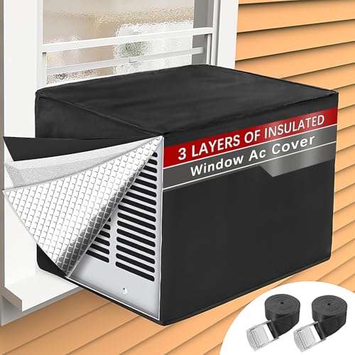 أغطية مكيف الهواء للنوافذ للوحدة الخارجية لعزل الشتاء 21W x 16D x 15H أغطية مكيفات هواء مقاومة للماء والرياح للوحدات الخارجية مع 3 طبقات من العزل باللون الأسود
