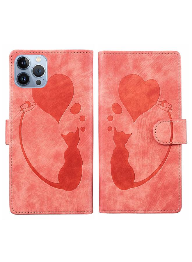 S-TOP Case For iPhone 13 Pro Pen Heart Cat Embossed Leather Phone Case - Image 1