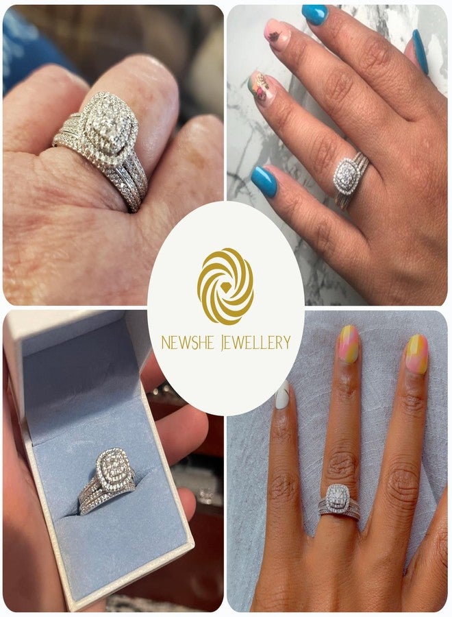 نيو شي جولري مجموعة خواتم خطوبة من الزركونيا المكعبة من نيوشي للمجوهرات، طقم خواتم زفاف للنساء، خاتم من الفضة الإسترليني عيار 925، طقم زفاف دائري، طقم زفاف، طقم سفر، مقاس 8.5 - Image 2