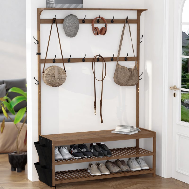 AMBIRD 6-in-1 Bamboo Hall Tree with Shoe Storage, Entryway Organizer Shoe Bench with 16 Coat Hooks and Cloth Bag, Sturdy Bamboo Storage Bench, 46 * 15 * 70 inches Brown - Image 4