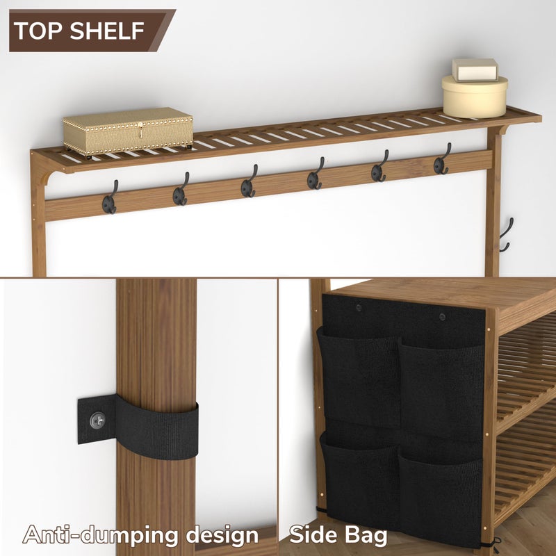 AMBIRD 6-in-1 Bamboo Hall Tree with Shoe Storage, Entryway Organizer Shoe Bench with 16 Coat Hooks and Cloth Bag, Sturdy Bamboo Storage Bench, 46 * 15 * 70 inches Brown - Image 5