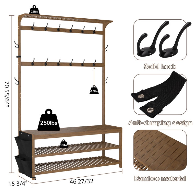 AMBIRD 6-in-1 Bamboo Hall Tree with Shoe Storage, Entryway Organizer Shoe Bench with 16 Coat Hooks and Cloth Bag, Sturdy Bamboo Storage Bench, 46 * 15 * 70 inches Brown - Image 3