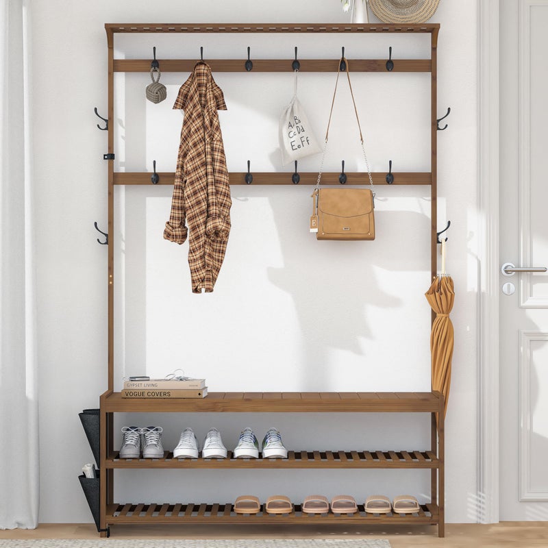AMBIRD 6-in-1 Bamboo Hall Tree with Shoe Storage, Entryway Organizer Shoe Bench with 16 Coat Hooks and Cloth Bag, Sturdy Bamboo Storage Bench, 46 * 15 * 70 inches Brown - Image 2