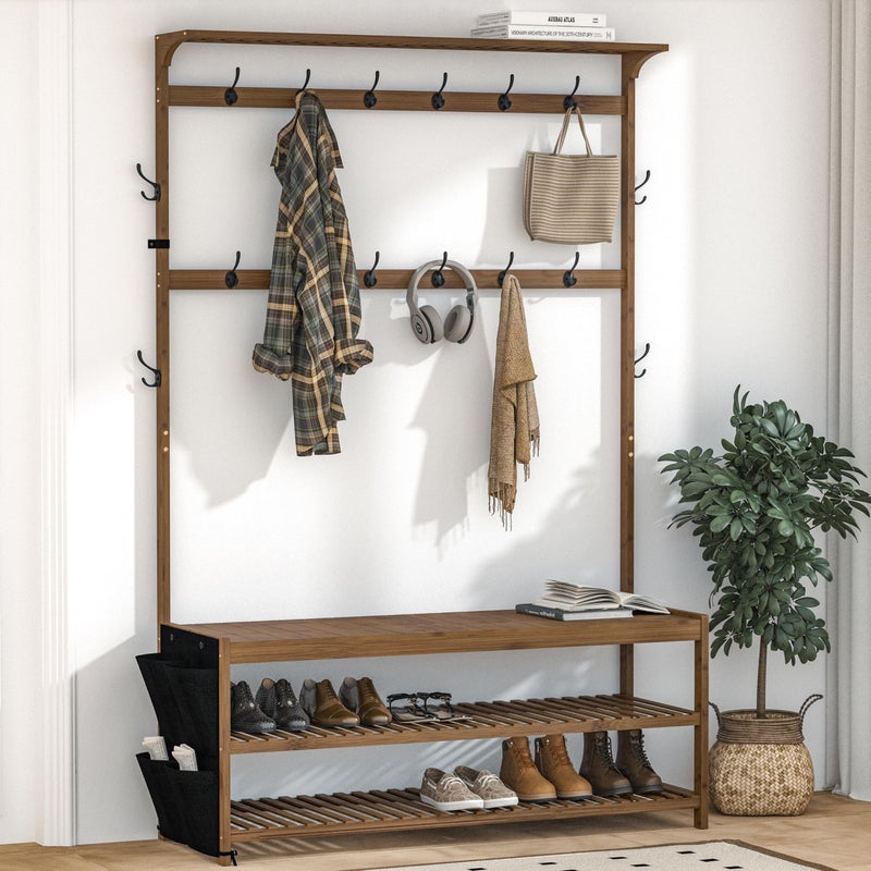 AMBIRD 6-in-1 Bamboo Hall Tree with Shoe Storage, Entryway Organizer Shoe Bench with 16 Coat Hooks and Cloth Bag, Sturdy Bamboo Storage Bench, 46 * 15 * 70 inches Brown - Image 1