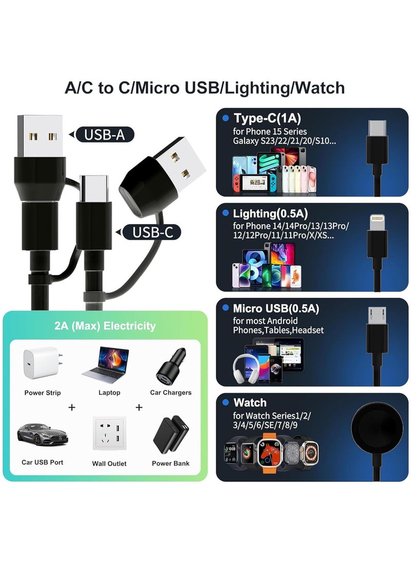 GUDOO - 4 in 2 Multi Charging Cable for Apple Watch Charger, USB A/USB C Input Travel Charger with Lightning/Type C/Micro/Magnetic, Compatible with iPhone 15 14 13 iWatch 1-9 Galaxy S23 S22-1.2m - Image 1