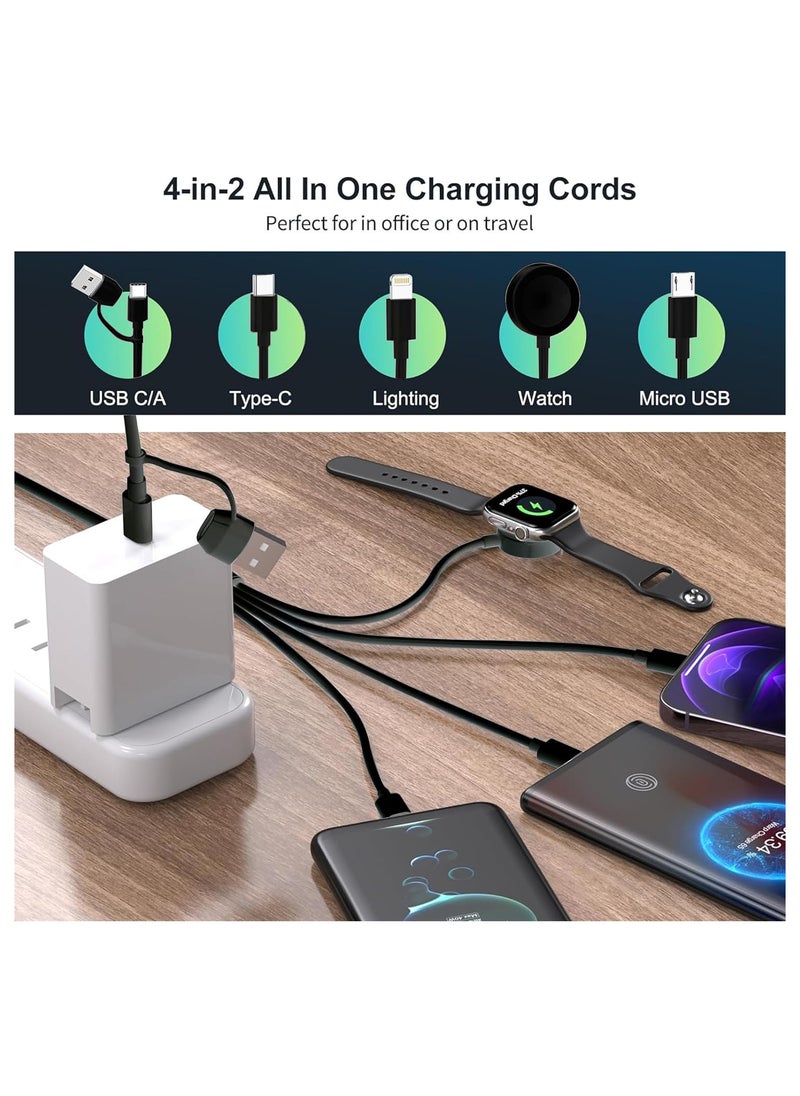 GUDOO - 4 in 2 Multi Charging Cable for Apple Watch Charger, USB A/USB C Input Travel Charger with Lightning/Type C/Micro/Magnetic, Compatible with iPhone 15 14 13 iWatch 1-9 Galaxy S23 S22-1.2m - Image 1