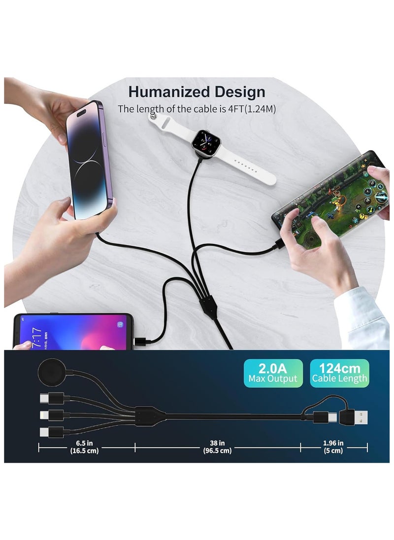 GUDOO - 4 in 2 Multi Charging Cable for Apple Watch Charger, USB A/USB C Input Travel Charger with Lightning/Type C/Micro/Magnetic, Compatible with iPhone 15 14 13 iWatch 1-9 Galaxy S23 S22-1.2m - Image 1