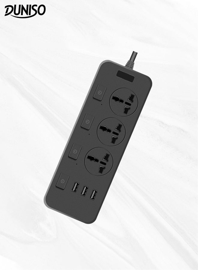 DUNISO Universal Extension Lead 3 Way Surge Protected Extension Lead with Individual Switches and 3 USB Ports Multi Plug Power Strip Extension Cable 5 Meter Cable Power Strip Surge Protection Extension Cable for Home Office Travel Office - Image 1