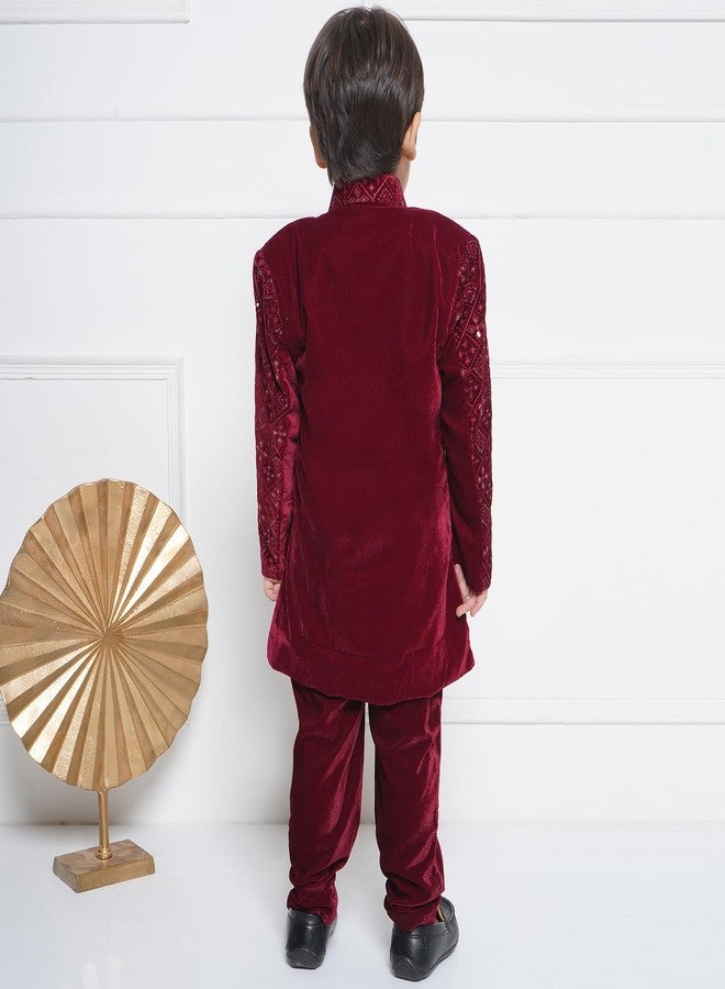 AJ DEZINES Boys Maroon Velvet Embroidered Sequin Sherwani Set (3-4 Years) - Image 4
