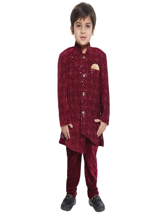 AJ DEZINES Boys Maroon Velvet Embroidered Sequin Sherwani Set (3-4 Years) - Image 1