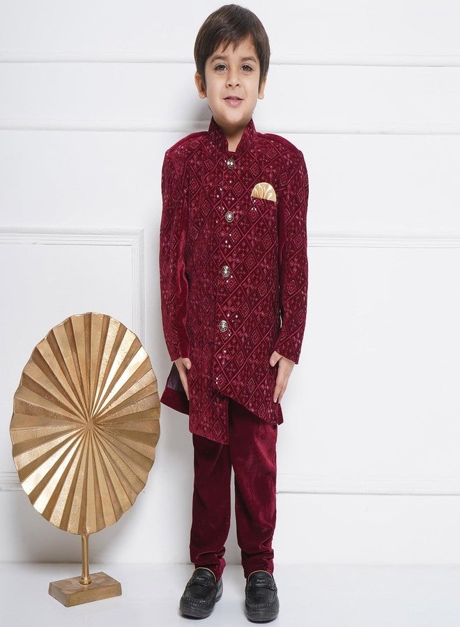 AJ DEZINES Boys Maroon Velvet Embroidered Sequin Sherwani Set (3-4 Years) - Image 2