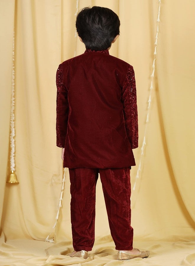 AJ DEZINES Boys Maroon Velvet Embroidered Sequin Sherwani Set (3-4 Years) - Image 3