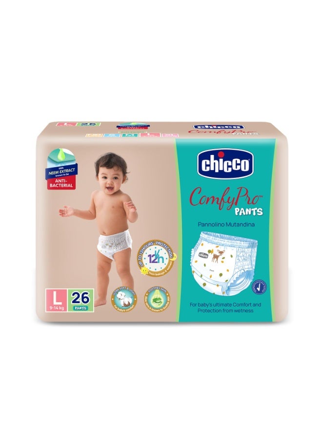 Chicco Comfy-Pro Pant Style Baby Diapers | Anti-bacterial benefits | Ultra Soft & 12hrs protection | Wetness indicator & Disposing Tapes - Large, 26 Count, 9-14 Kg - Image 1
