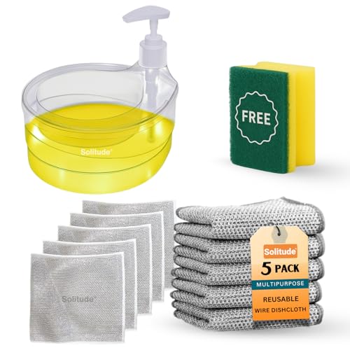 Solitude Double Layer Soap Dispenser for Dishwasher Liquid Dispenser Pump with Sponge Holder & Non-Scratch Wire Dishcloth Wire Dishwashing Rags for Kitchen Sink - Image 1