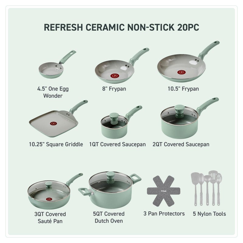 T-Fal Refresh Ceramic Nonstick Cookware Set, 20-Piece, Oven Safe to 350Â°F, Stockpot, Ceramic Pots and Pans Set, Frying Pans, Griddle, Utensils, Mint Green - Image 2