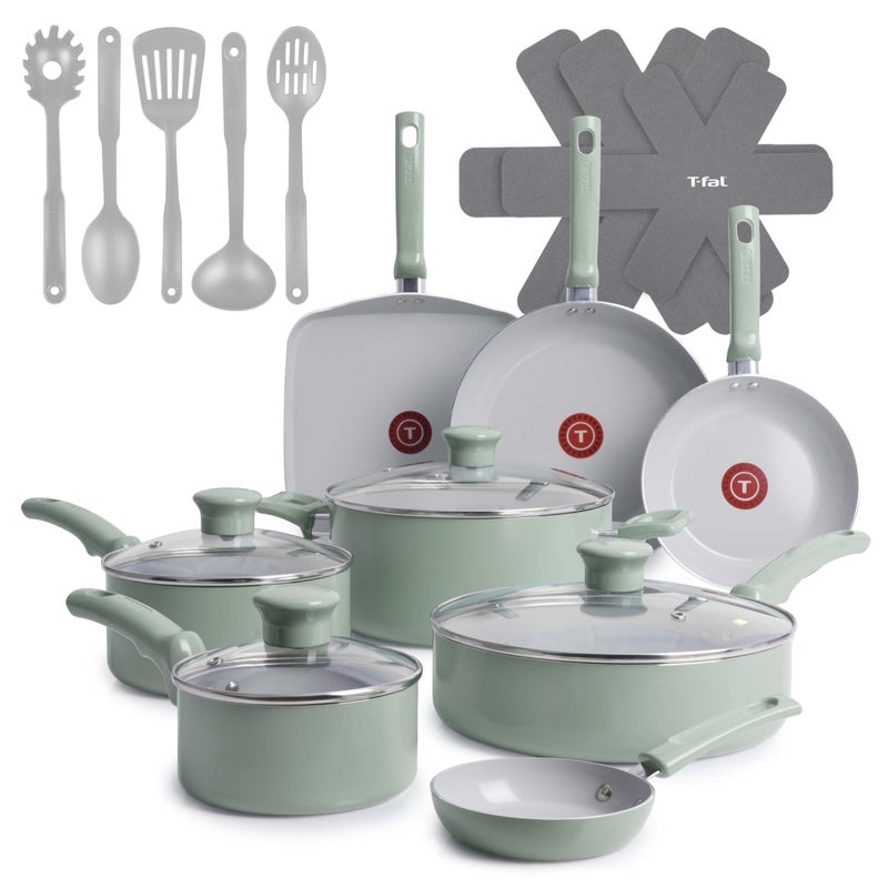 T-Fal Refresh Ceramic Nonstick Cookware Set, 20-Piece, Oven Safe to 350Â°F, Stockpot, Ceramic Pots and Pans Set, Frying Pans, Griddle, Utensils, Mint Green - Image 1