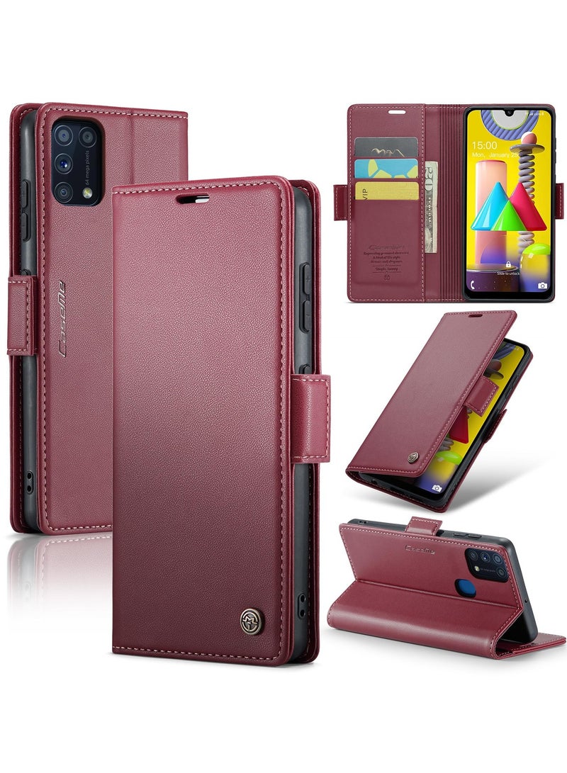 CaseMe Phone Case Luxury PU Leather Design Anti Fingerprint 023 Flip Cover Card Slot Holder Cover For Samsung Galaxy M31 (Red) - Image 1