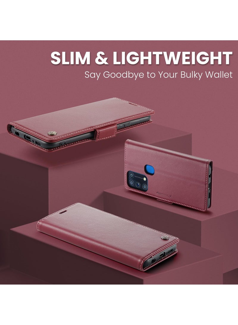 CaseMe Phone Case Luxury PU Leather Design Anti Fingerprint 023 Flip Cover Card Slot Holder Cover For Samsung Galaxy M31 (Red) - Image 4