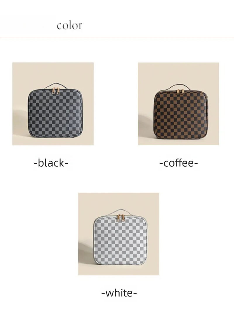 Checkered Large Capacity Makeup Bag with Adjustable Dividers, Portable Multilayer Cosmetic Organizer, Professional Travel Storage Bag for Makeup Artists & Daily Use - Image 2