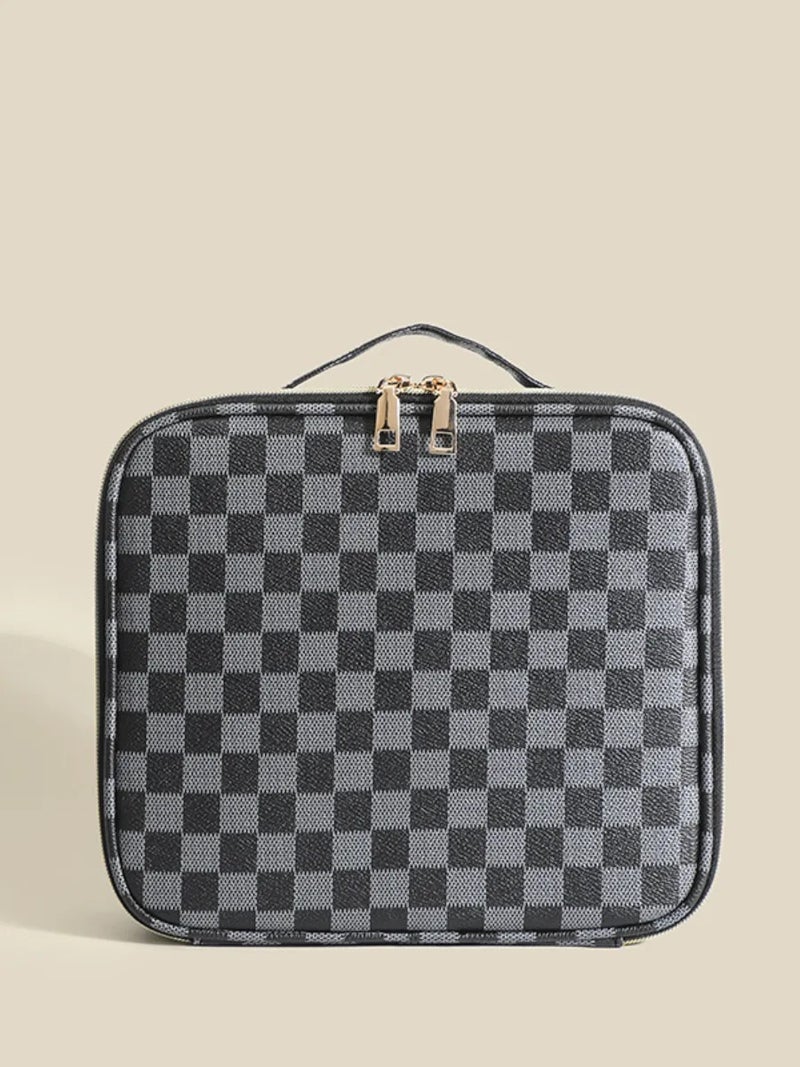 Checkered Large Capacity Makeup Bag with Adjustable Dividers, Portable Multilayer Cosmetic Organizer, Professional Travel Storage Bag for Makeup Artists & Daily Use - Image 1