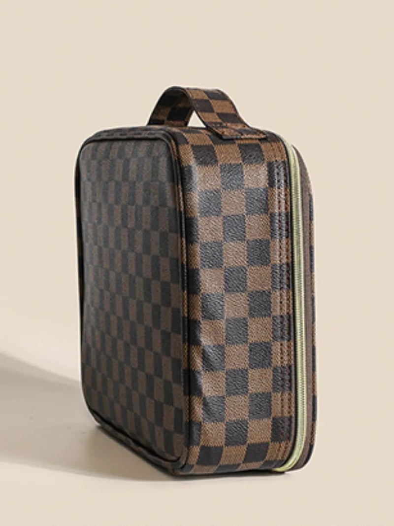 Checkered Large Capacity Makeup Bag with Adjustable Dividers, Portable Multilayer Cosmetic Organizer, Professional Travel Storage Bag for Makeup Artists & Daily Use - Image 3