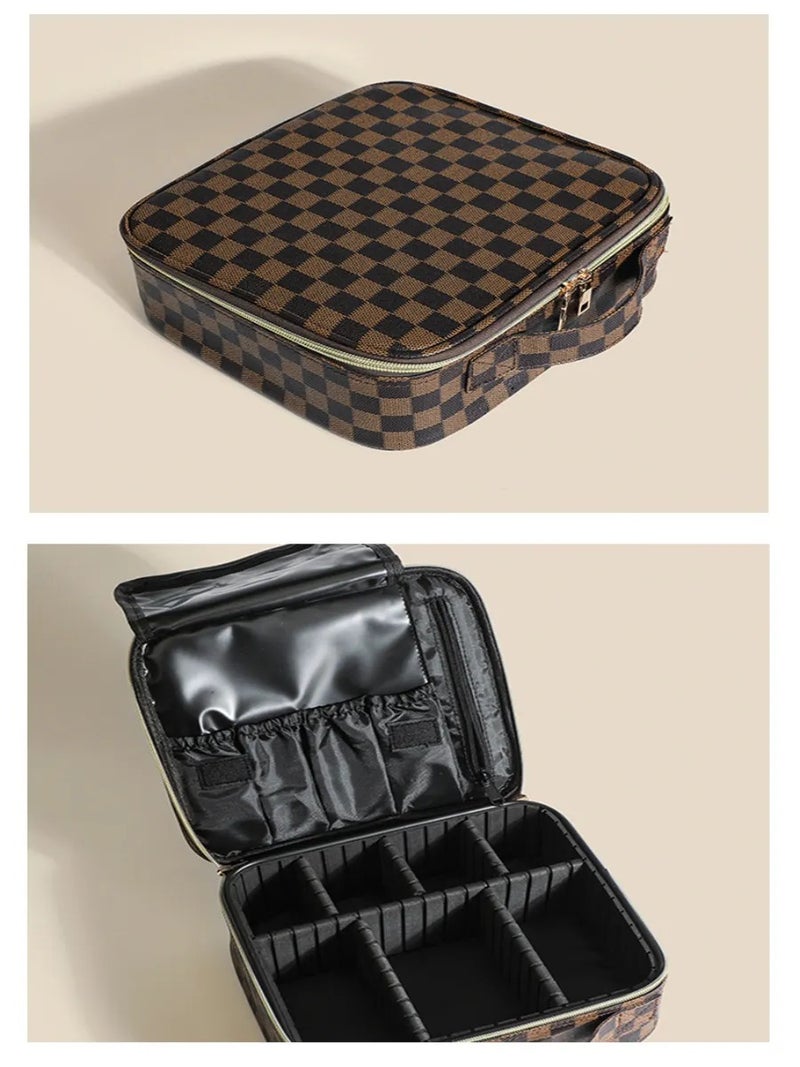 Checkered Large Capacity Makeup Bag with Adjustable Dividers, Portable Multilayer Cosmetic Organizer, Professional Travel Storage Bag for Makeup Artists & Daily Use - Image 5