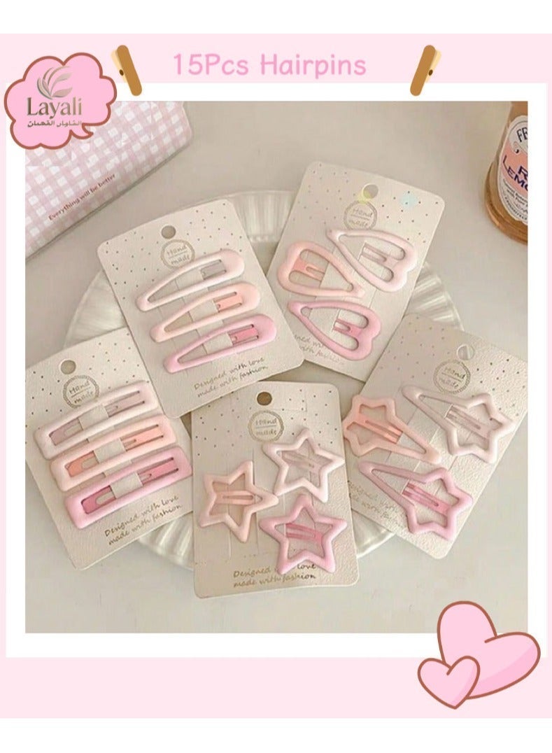 Layali 15-Piece Pink Gradient Star Heart Hairpin, Side Clip Bangs Clip - Image 1
