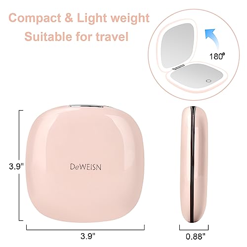 deweisn Compact Mirror, Lighted Travel Makeup Mirror with 1X/10X Magnifying Double Sided Dimmable Portable Pocket Mirror for Handbag and Pocket, USB Charging(Pink) - Image 2