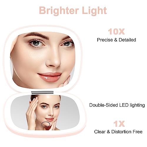 deweisn Compact Mirror, Lighted Travel Makeup Mirror with 1X/10X Magnifying Double Sided Dimmable Portable Pocket Mirror for Handbag and Pocket, USB Charging(Pink) - Image 3