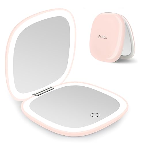 deweisn Compact Mirror, Lighted Travel Makeup Mirror with 1X/10X Magnifying Double Sided Dimmable Portable Pocket Mirror for Handbag and Pocket, USB Charging(Pink) - Image 1