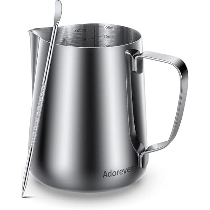 Adorever Coffee Milk Frothing Pitcher Stainless Steel Milk Frothing Pitcher With Latte Art Pen  12Oz Coffee Utensils For Espresso Latte Cappuccino  Precision Scales Pointed Spout - Image 1