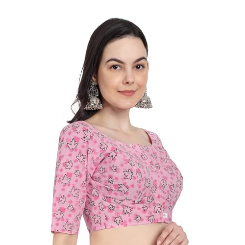 JISB Women's Cotton Printed Saree Blouse (50, Pink) - Image 2