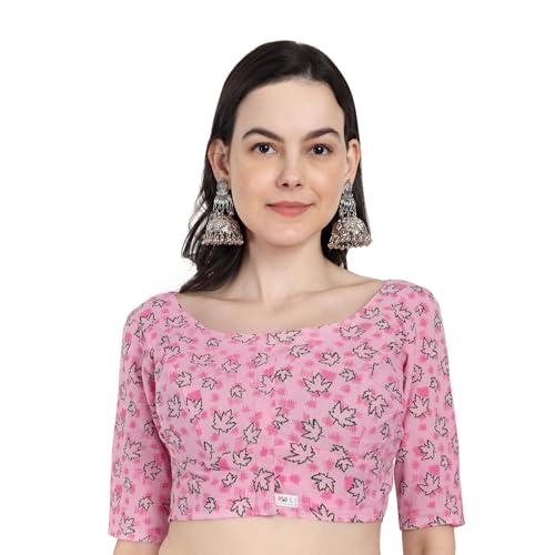 JISB Women's Cotton Printed Saree Blouse (50, Pink) - Image 1